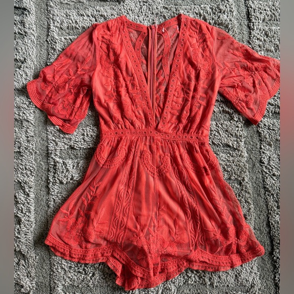 Honey Punch Pants - Endless Lace Orange Deep V Romper